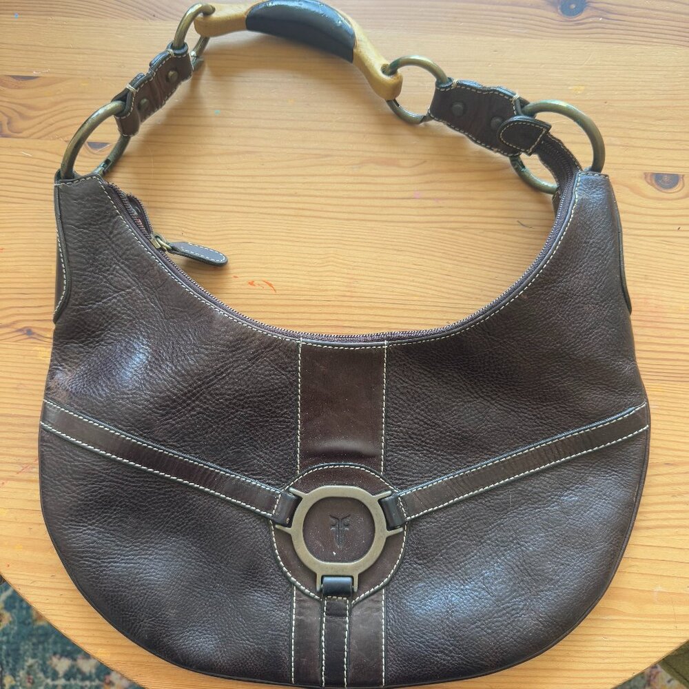 Frye Brown Leather Hobo Shoulder Bag with Wood Handle